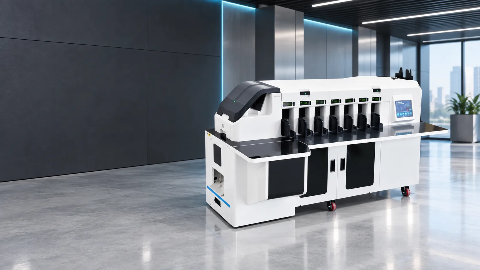 Concept workspace with a banknote sorting and strapping line