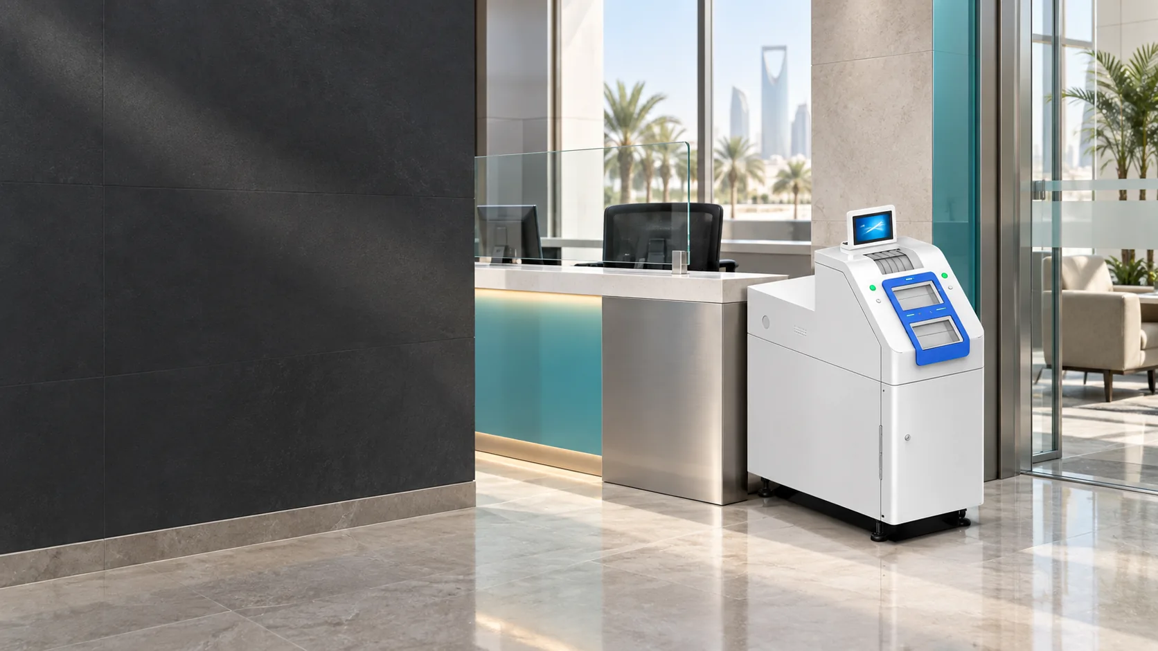 SNBC teller cash recycler in an illustrative bank branch setting, with the complete machine visible