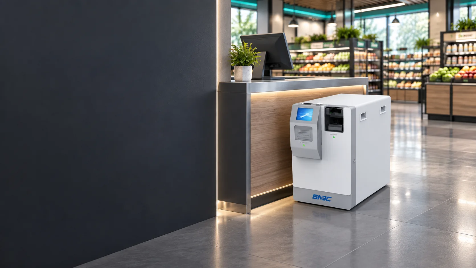 SNBC BR-R900 note and coin recycler beside a checkout in an illustrative retail setting