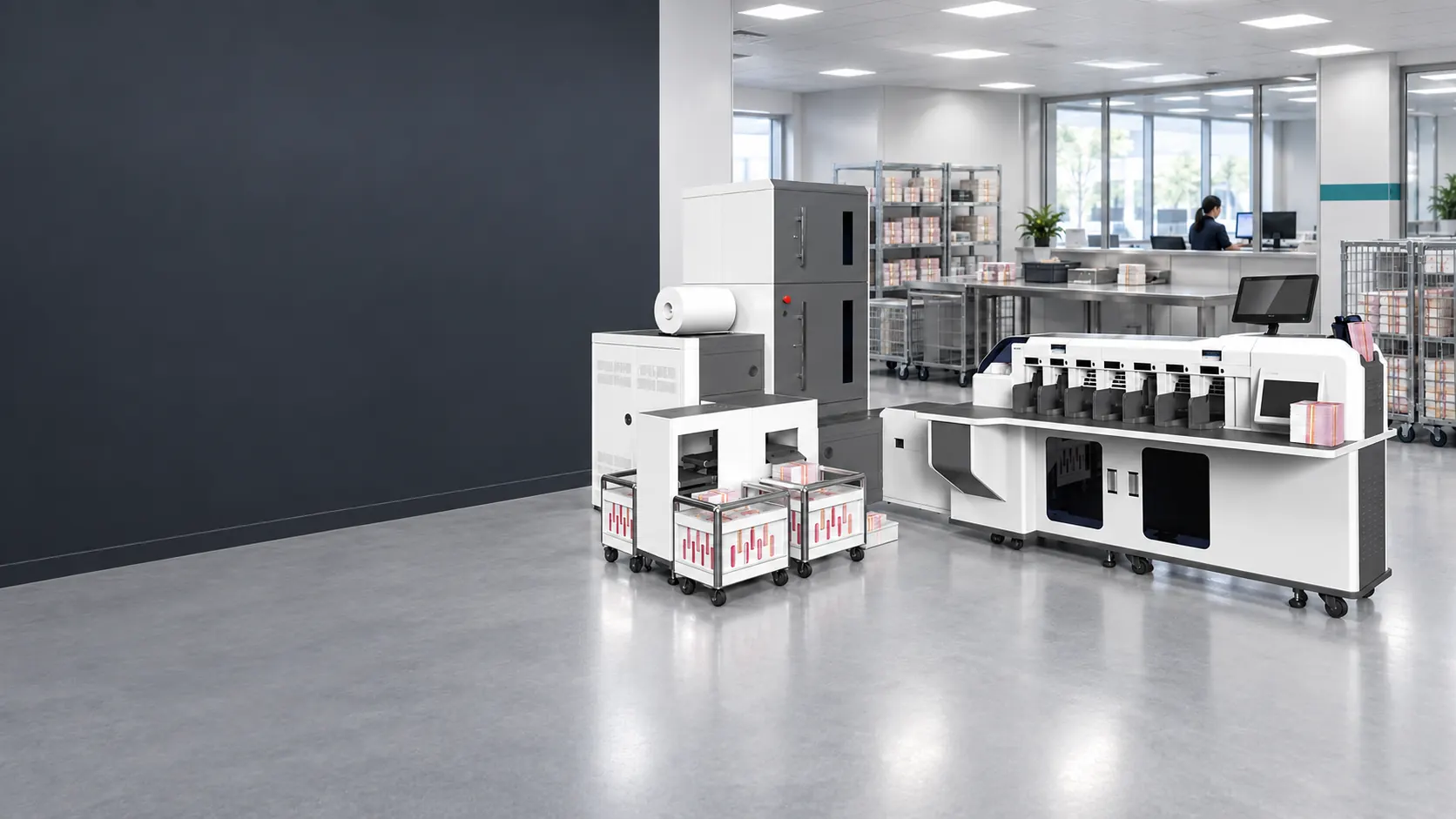 Complete Julong JL8000SA single-station sorting and packaging line with collection carts in an illustrative cash centre