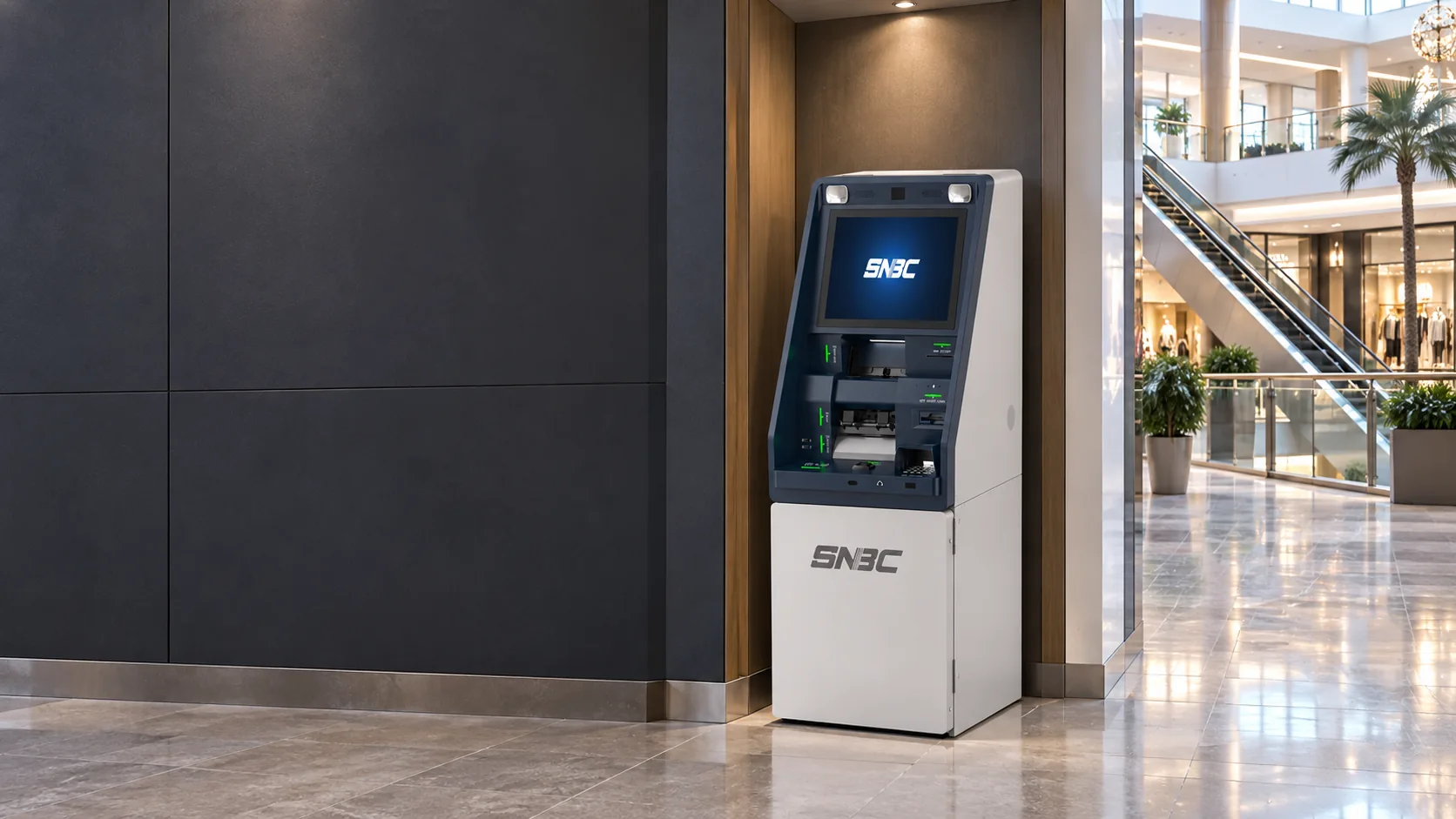 Complete SNBC BDM-500 in a self-service alcove beside a shopping-mall concourse, an illustrative operating environment